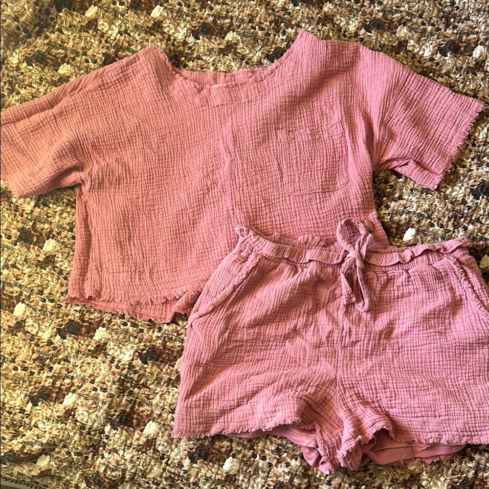 Pink Textured Cropped Two-Piece Set